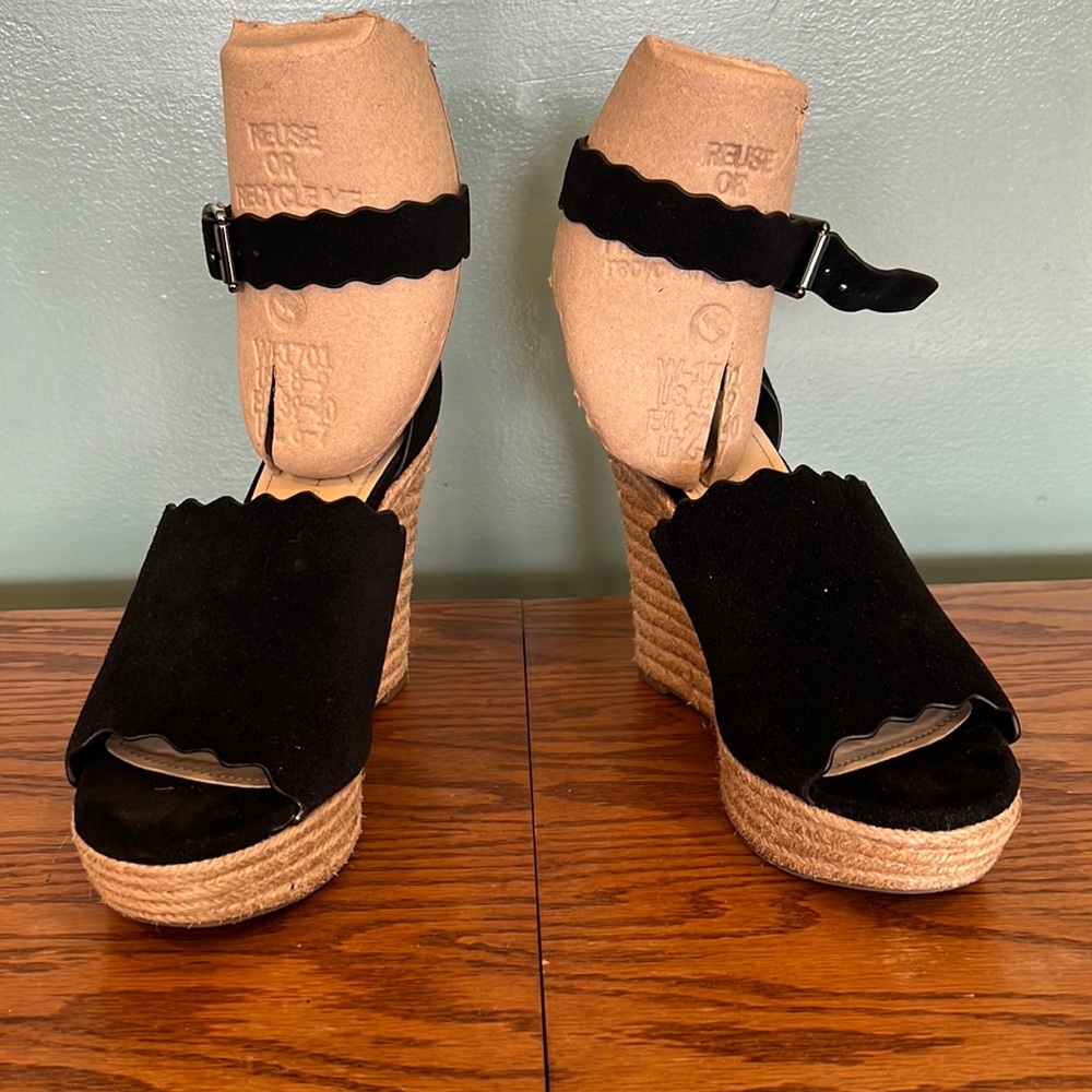 Marc Fisher Black Suede Leather Haya Scallop Ankle Stray Espadrille Wedge